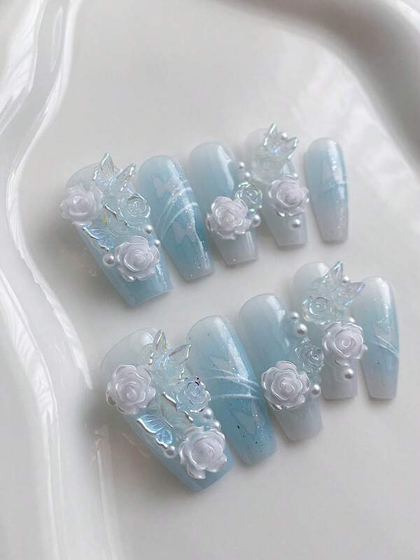 10 Stücke Nagelverlängerung, Nagelkunst für alle Jahreszeiten, Fake Nägel, französisches romantisches Nageldesign, DIY Meer Salz Weißer Tee Farbverlauf, dreidimensionale Rosenbluemen, weiße Perlen, Aurora Schmetterling Nagelzubehör, rosa abnehmbare und wiederverwendbare Nägel, Nagelpulver, Nagel-Glitzer, geeignet für Mädchen und Damen zur Verwendung bei Anlässen, Bällen und Feiern, inklusive Gelee-Kleber und Feile
