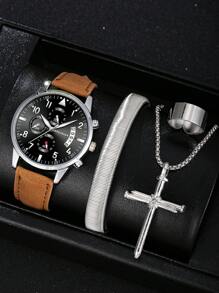 4PCS Watch Set, Pu Leather Strap Watch Plus Cross And Other Accessories, The Best Decoration For Yourself, Also The Best Choice For Gifts