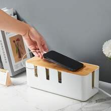 大型电线管理盒，带木盖、塑料7孔和4孔插座适配器条、宽敞的电线整理器、插座盖，适用于家庭和办公室使用 - 可隐藏在桌子下或地板上 - 彩色 - 查看 7