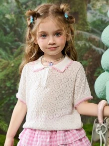 Girl's Polo Collar Short Sleeve Hollow Heart Knitted T-Shirt - Beige - View 6
