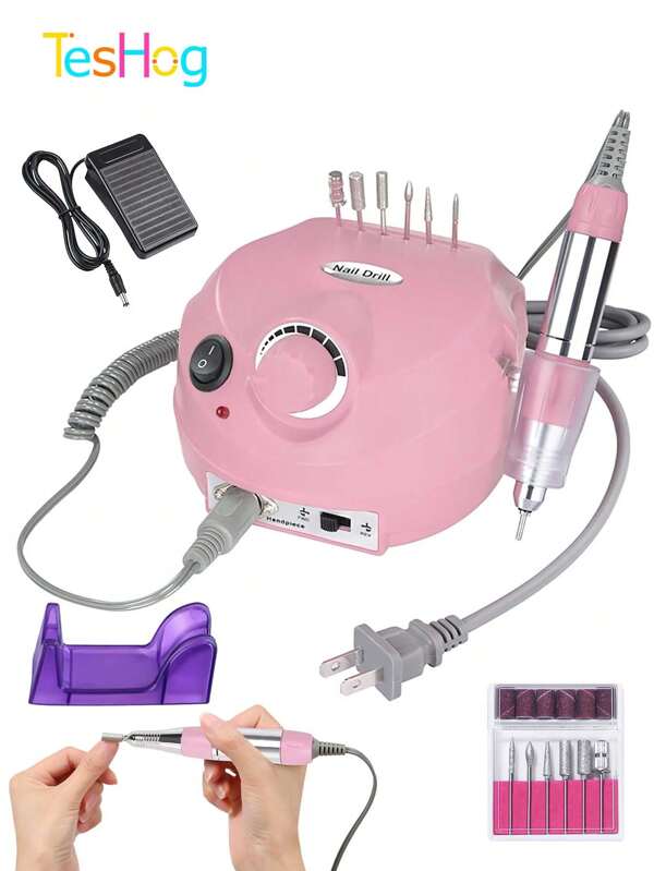 TesoroHogar 35000 Rpm Pulidor de Uñas Profesional - Taladro Eléctrico de Uñas, Herramienta Pulidora de Uñas, 110V/220V Set de Manicura, Pedicura y Uñas de Acrílico Set de Lima Quita Uñas, Pedicura, Pedicura, 6 Almohadillas para Pies, Salón de Belleza, Hogar, Principiante, Equipo de Cuidado Personal Productos para el Cuidado de Uñas Rosa, Blanco