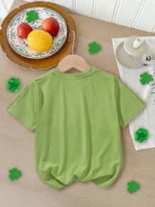 Áo thun cổ tròn tay ngắn in hình cỏ bốn lá ngày lễ thánh Patrick cho bé gái mùa xuân và mùa hè thường ngày dành cho bé gái - màu xanh lá - Xem 3