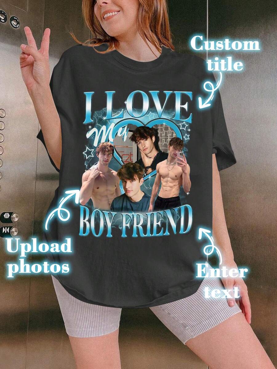 Personalized Apparel, Women's Graphic T-Shirts, Customized Photo "I Love My Girlfriend/Boyfriend" Valentine's Day Shirts, Gift For Girlfriend/Wife, Y2K Aesthetic T-Shirts, Valentine's Day Gifts Add Your Own Text And Images (Family Photos/Selfies/Pet Photos/Friend Photos) To Design Your Personalized Printed T-Shirts Customized I Love T-Shirts, Customized I Love Photo Shirts - Dark Grey - View 1