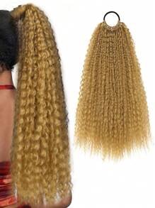 Coleta larga rizada de 20 pulgadas, coleta larga rizada resistente al calor de color negro que se puede alargar con coletero, para todas las mujeres y niñas