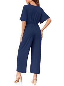 Larisa Womens Wide Leg Jumpsuit Short Sleeve Tie Knot Front Summer Long Romper Stylish Outfit - Navy Blue - View 6