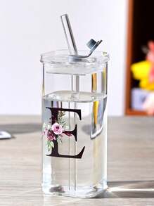 1pc A-Z Flower Letter Pattern Square Glass Cup, Simple And Heat-Resistant Flat Bottomed Cup For Office And Household Use, Milk Coffee Cup With Square Mouth, Bridesmaid Gift, Birthday Gift
