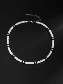 1pc Men's Vintage Versatile Black & White Ceramic Geometric Beaded Pendant Necklace, Suitable For Beach/Resort Wear
