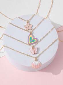 4 件套时尚心形、蝴蝶、花朵、贝壳锌合金吊坠项链套装，送给女孩的可爱礼物 - 彩色 - 查看 3