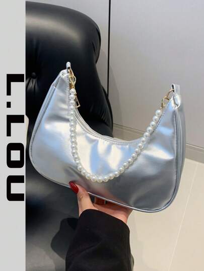 1 st Fashionabla Pearl Chain Crescent axelväska, Snygg axelbaguetteväska, Handhållen liten väska, Casual Outdoor-väska, Mångsidig arbetsväska