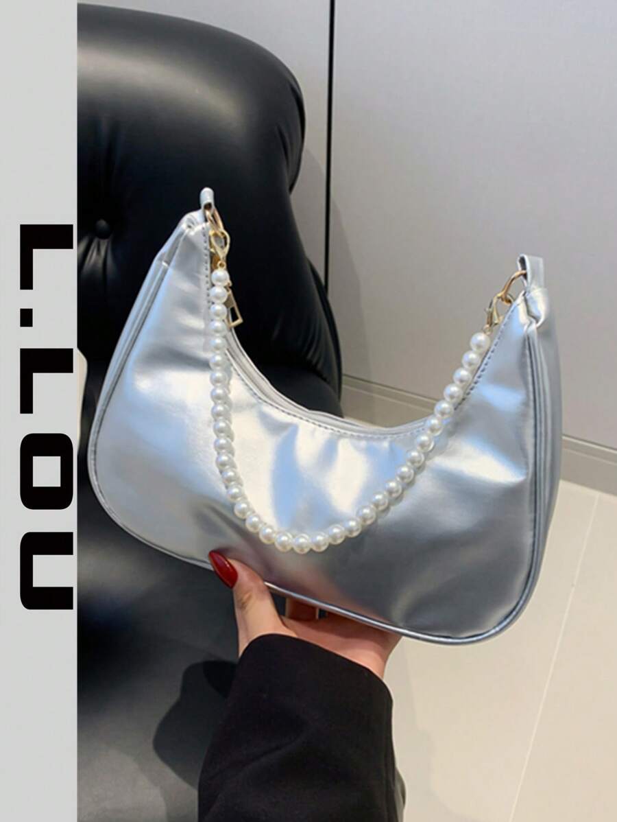 1pc Fashionable Pearl Chain Crescent Shoulder Bag, Stylish Shoulder Baguette Bag, Handheld Small Bag, Outdoor Casual Bag, Versatile Work Bag, Elegant Pearl Bag - Silver - View 1