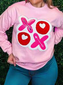 Womens Valentines Day Sweatshirts Long Sleeve Round Neck Letter Patchwork Pullovers Oversized Tops