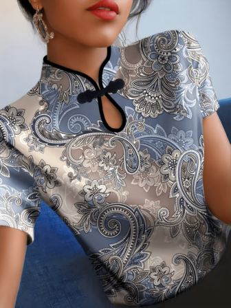 Retro Cheongsam Style Ditsy Blommig blus för kvinnor, slim fit kortärmad topp, vår/sommar