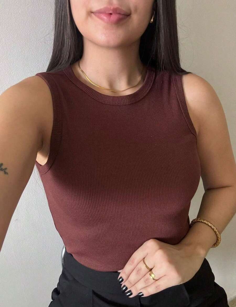 Women's Basic Ribbed Tank Top Without Transparency Trending Colors - Óxido marrón - Ver 1
