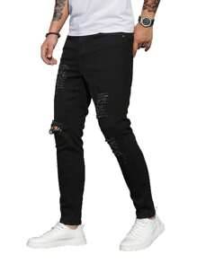 Jeans casuales para hombre, jeans de pierna recta ajustados y rotos para hombre con agujeros - Negro - Ver 6