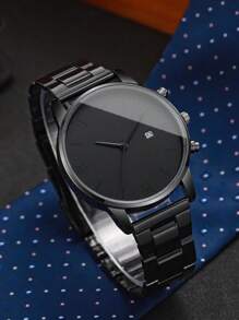 1pc Men's Fashionable Roman Scale Dial Calendar Quartz Watch With Steel Band, Minimalist Style (Excludes Watch Box) - Black - View 4