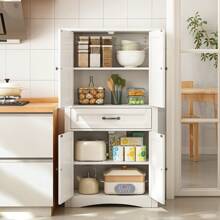 Garde-manger à 4 portes, armoire alimentaire avec un tiroir et quatre niveaux de rangement avec dispositif anti-basculement