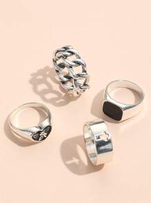 4pcs Black Cross-Shaped Oil Drop Rings, Chain Heart Angel Alloy Rings - Antique Silver - View 3