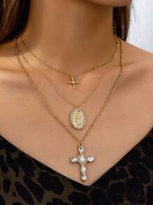 3 件金色圣像吊坠项链套装女士多层项链首饰