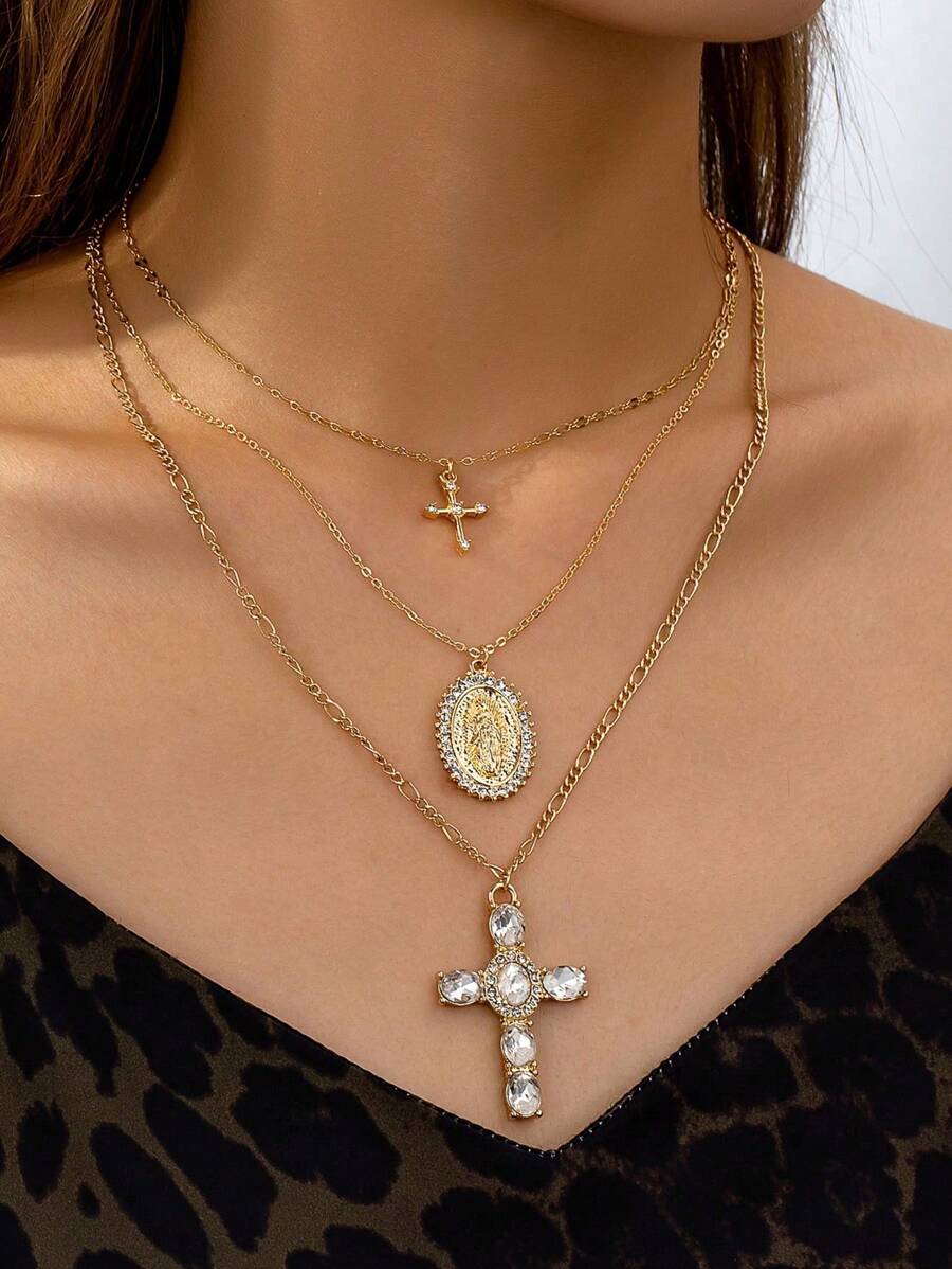 3 件金色圣像吊坠项链套装女士多层项链首饰