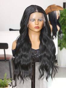 Peluca sintética con parte 13X4X1, cabello ondulado de 26 pulgadas de color negro, fabricada con fibra sintética importada de Japón, resistente al calor. Peluca sintética de alta calidad, suave y natural, ideal para uso diario.