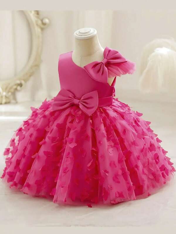 1 pezzo Abito tutù senza maniche per ragazze giovani, adorabile, glamour, dolce, con ricamo 3D a farfalla, balze in tulle e fiocco decorativo, adatto per feste, compleanni e performance, utilizzabile in ogni stagione