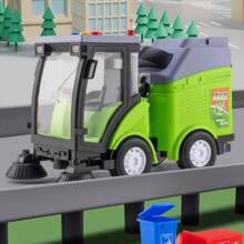 Juguete de camión de basura de estilo de dibujos animados en tonos rojos y verdes, principalmente en tonos verdes y naranjas, diseño de camión de basura lindo con botones de colores en el techo, cepillo de limpieza en la parte delantera, efectos de sonido y luz, Body del camión que se abre, adecuado para juego diario y escenarios de educación temprana, propulsión por inercia, presionar para ir.