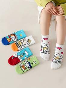 SNOOPY 5 paar Snoopy Cartoon kindersokken, halfhoge meisjessokken, ademende jongenszomersokken, student peuter enkelsokken