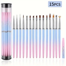15 PCS Nail Art Brush Set - Gradient Long Handle Design ,Gradient Nail Art Brush Set For Salon & Home Manicure