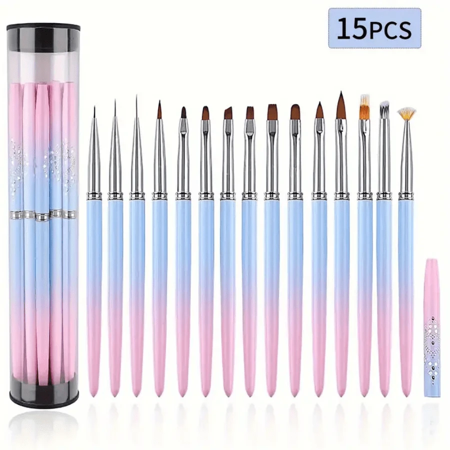 15 PCS Nail Art Brush Set - Gradient Long Handle Design ,Gradient Nail Art Brush Set For Salon & Home Manicure