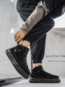 British Style Black PU Skateboard Shoes For Teenagers, Men Black Suede Round Toe High-Top Lace-Up Dress Shoes