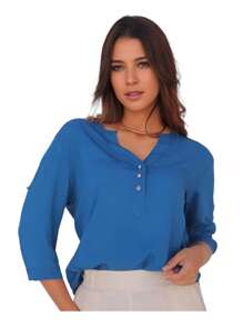 Women's 3/4 Sleeve Plain Dress Shirt - 石油藍 - 查看 1