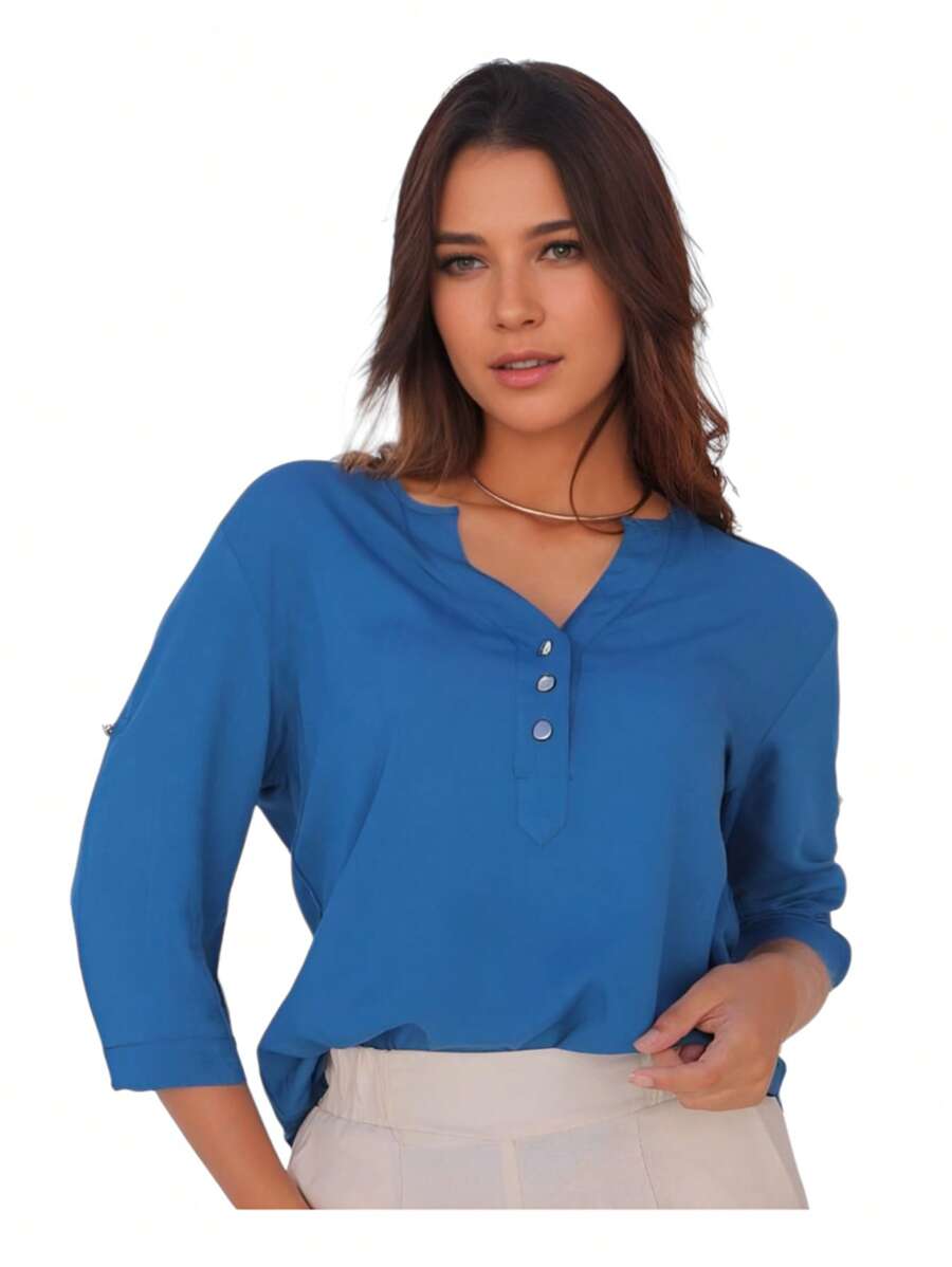 Women's 3/4 Sleeve Plain Dress Shirt - 石油藍 - 查看 1