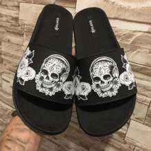 Men's Printed Slide Flip Flops - 黑色骷髏 - 查看 4