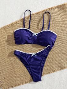 Summer Summer Beach Vacation Women's Ruffled Solid Color Bow Bikini Suit Beach - Blue - View 1