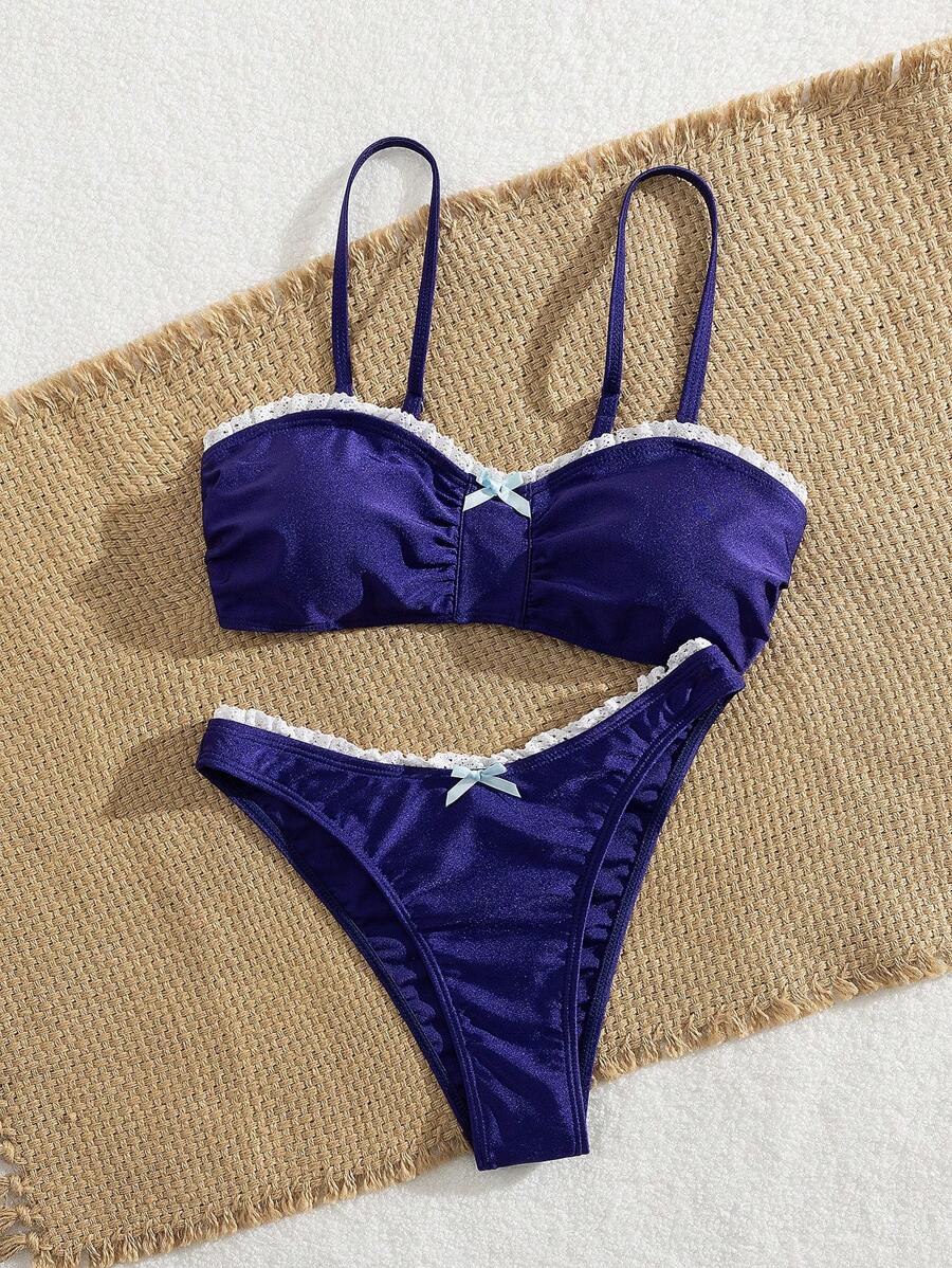 Summer Summer Beach Vacation Women's Ruffled Solid Color Bow Bikini Suit Beach - Blue - View 1