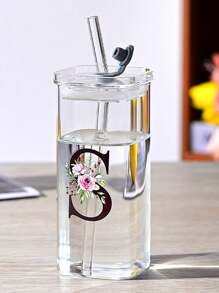 1pc A-Z Flower Letter Pattern Square Glass Cup, Simple And Heat-Resistant Flat Bottomed Cup For Office And Household Use, Milk Coffee Cup With Square Mouth, Bridesmaid Gift, Birthday Gift