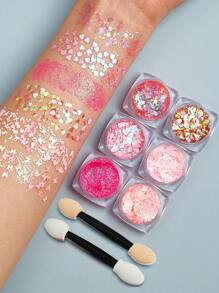 Set de 8 piezas (1 bote de 6 colores de gel brillante + 2 pinceles aplicadores) Kit de herramientas de maquillaje con brillos corporales, glitter súper de PET, polvo holográfico, gel para cara, cabello, decoración de fiestas, clubes, festivales de música, regalo para niñas