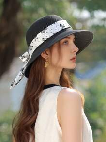 LEAJOURNO. 1pc Reversible Floral Print Sun Hat, Women Spring Summer Large Brimmed Polyester Bucket Hat With Bendable Wire Frame For UV Protection