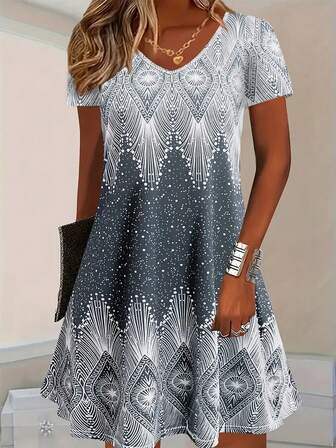 大码女式波尔卡圆点和几何图案 V 领连衣裙，优雅短袖春夏针织面料，略有弹性