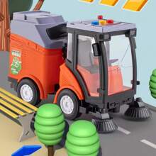 Juguete de camión de basura de estilo de dibujos animados en tonos rojos y verdes, principalmente en tonos verdes y naranjas, diseño de camión de basura lindo con botones de colores en el techo, cepillo de limpieza en la parte delantera, efectos de sonido y luz, Body del camión que se abre, adecuado para juego diario y escenarios de educación temprana, propulsión por inercia, presionar para ir.