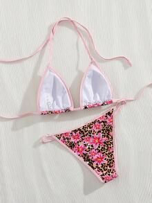 New Floral & Leopard Print Spaghetti Strap Bikini Set, For Summer Beach Vacation