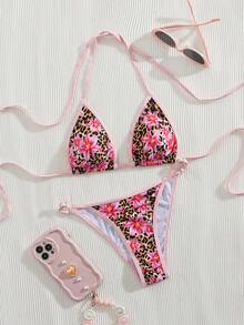 New Floral & Leopard Print Spaghetti Strap Bikini Set, For Summer Beach Vacation