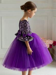 紫色3D蝴蝶结提花网纱喇叭袖女童节日连衣裙，优雅公主裙，适合女孩生日派对、舞会、婚礼、花童礼服、斋月服装 - 紫色 - 查看 6