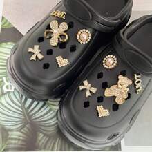 10pcs DIY Shoe Decorative Charms, Asymmetric Sparkling Bear Flower Bow Decor, Imitation Metal Non-Fading Y2K Fashion Versatile Cute Personalized Suitable For EVA Sandals, Slippers, Garden Shoes, Removable Shoe Surface Decor, Holiday Gifts