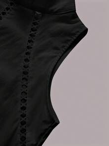 女士纯色高领无袖镂空蕾丝宽松衬衫休闲黑色夏季上衣 - 黑色 - 查看 5