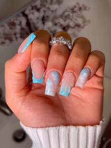 1 Box Of 24pcs Coffin Shaped French Manicure Nails, Blue White Ombre Marble Texture, 3D Striped & Shell Pattern Press On Nails Set, Removable Designed For All Girls And Women, Comes With Nail File