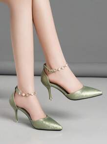 尖头高跟鞋，镂空设计，带扣，水钻和人造珍珠装饰，一脚蹬