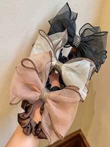 1pc Feminine Organza Bow Hair Scrunchie, Suitable For Daily Wear For Women, Korean Style Scrunchies Hair Tie - Black - View 2