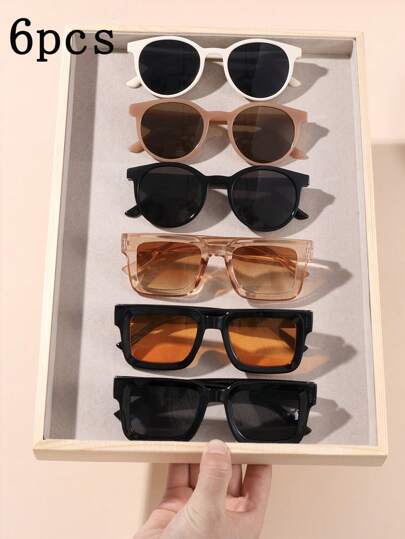 6 件青少年时尚复古圆形、方形框架眼镜组合 - 户外摄影旅行配件