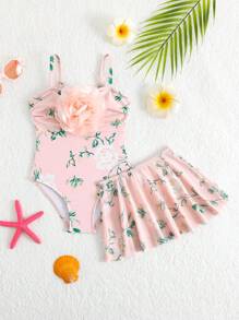 Traje de baño de una pieza con estampado floral, volantes y tirantes finos con falda de tul para niñas - Rosa - Ver 1